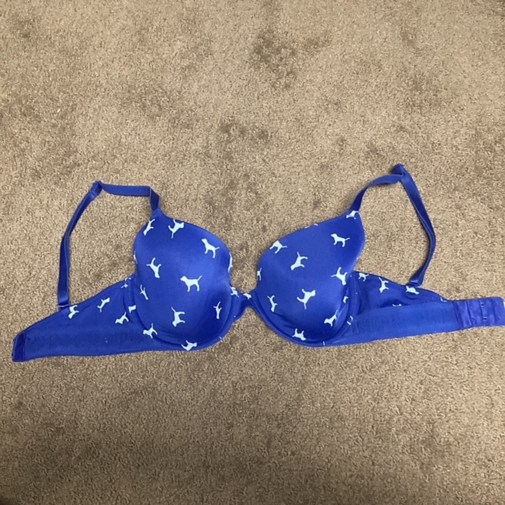 Pink Victoria’s Secret VS bra 32 DD white dogs on blue bra EUC padded